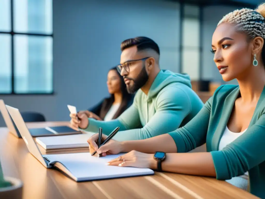 Expertos en marketing digital colaboran en estrategias sostenibles Equipo de marketing digital debatiendo sobre SEO para productos sostenibles en una oficina moderna