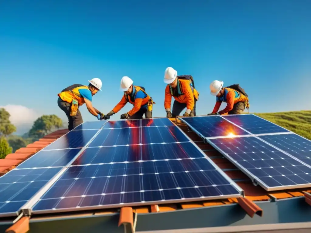 Equipo instalando paneles solares en hogar ecológico