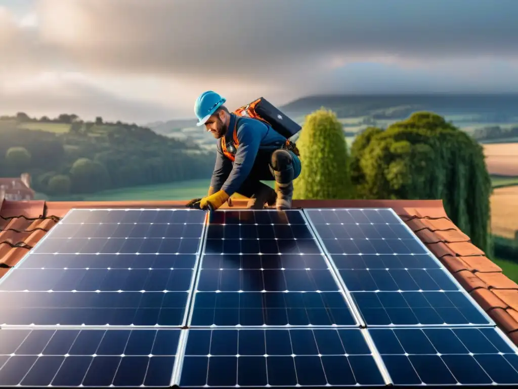 Equipo instalando paneles solares en propiedad histórica, fusión de tradición y tecnología