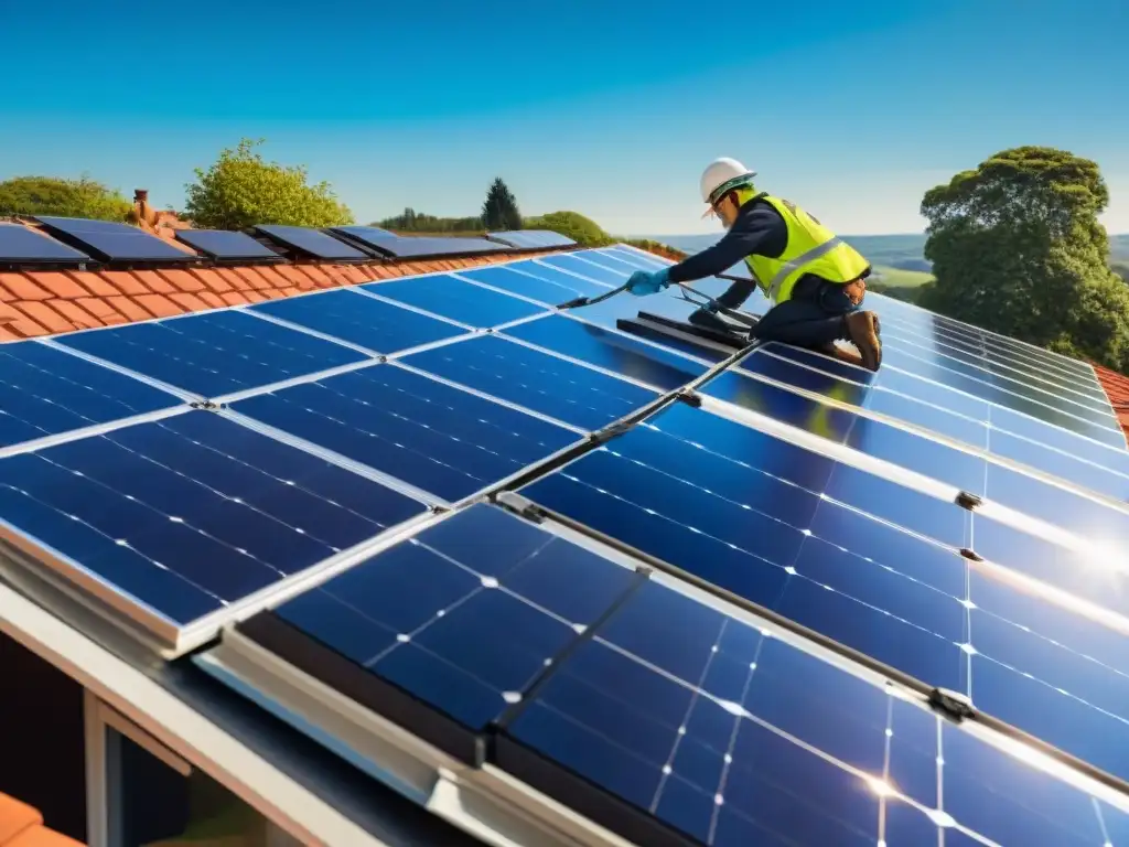 Equipo de técnicos instalando paneles solares modernos en vivienda, brilla el sol