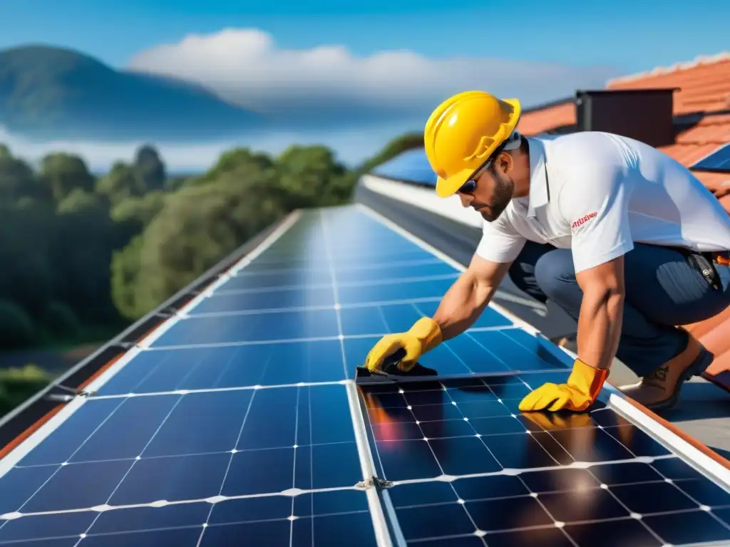 Un equipo de técnicos de paneles solares respetuoso instalando un sistema solar avanzado en un tejado residencial, bajo un cielo azul despejado