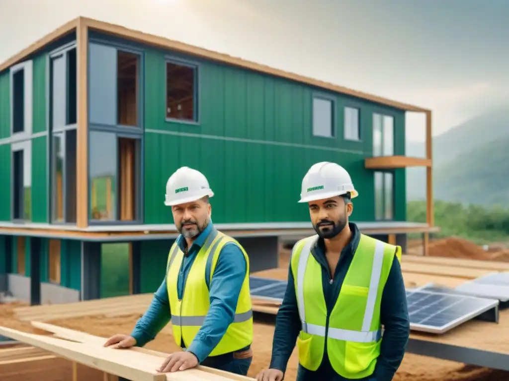 Un equipo de trabajadores construyendo una casa ecológica en un sitio de construcción activo