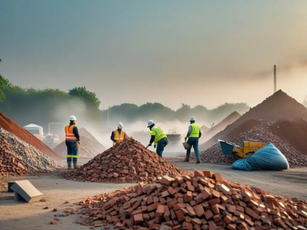 Equipo de trabajadores reciclando escombros en una obra, demostrando casos exitosos de reciclaje en construcción