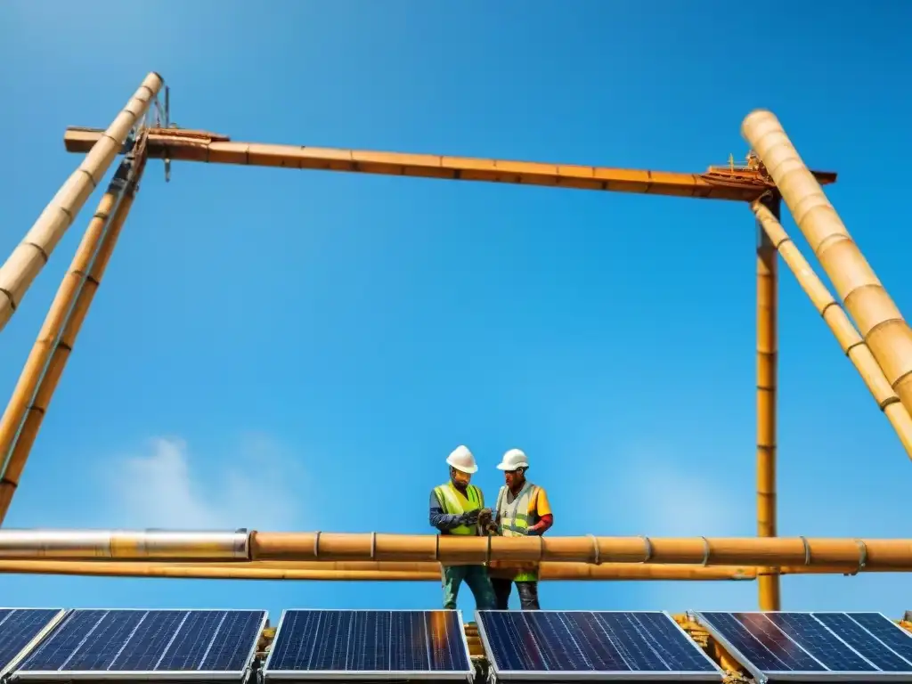 Un equipo de trabajadores en una obra ecológica usando materiales sostenibles como bambú, acero reciclado y paneles solares