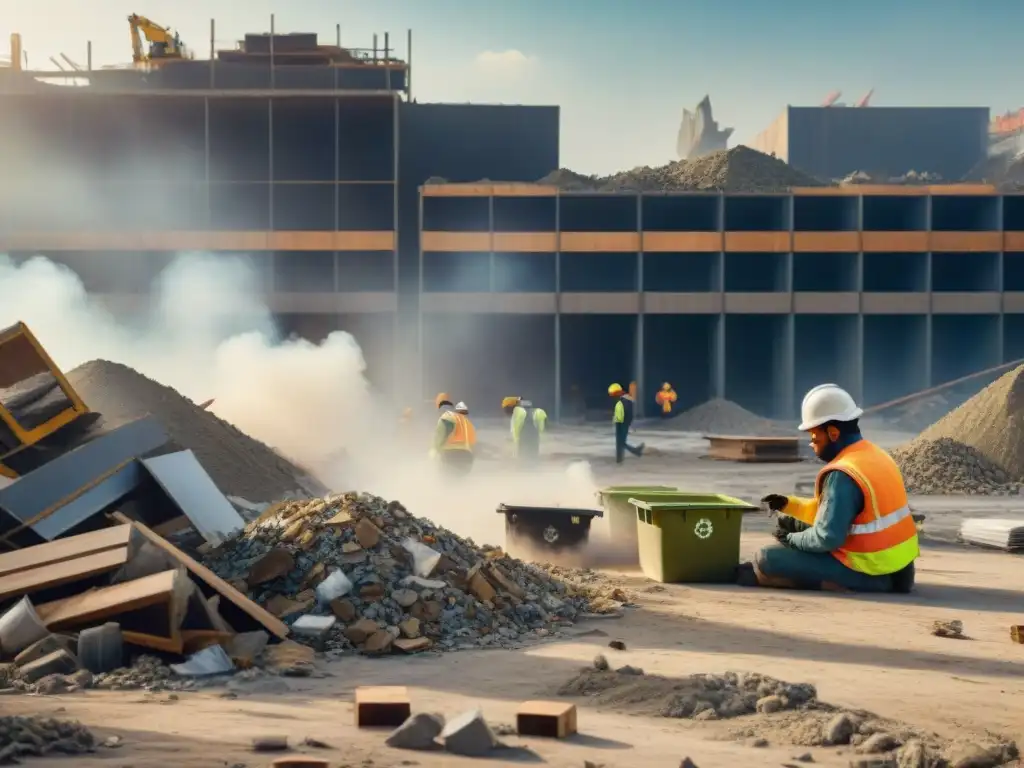 Un equipo de trabajadores en una obra reciclando escombros de forma meticulosa, mostrando casos exitosos de reciclaje en construcción