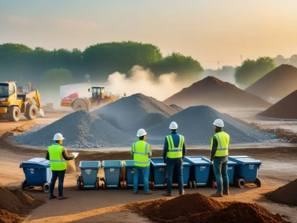 Un equipo de trabajadores en un sitio de construcción clasificando residuos en contenedores de reciclaje