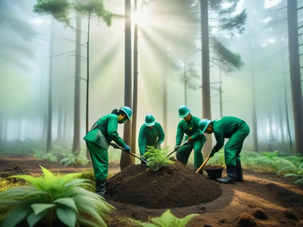 Equipo en uniforme verde plantando árboles en bosque frondoso