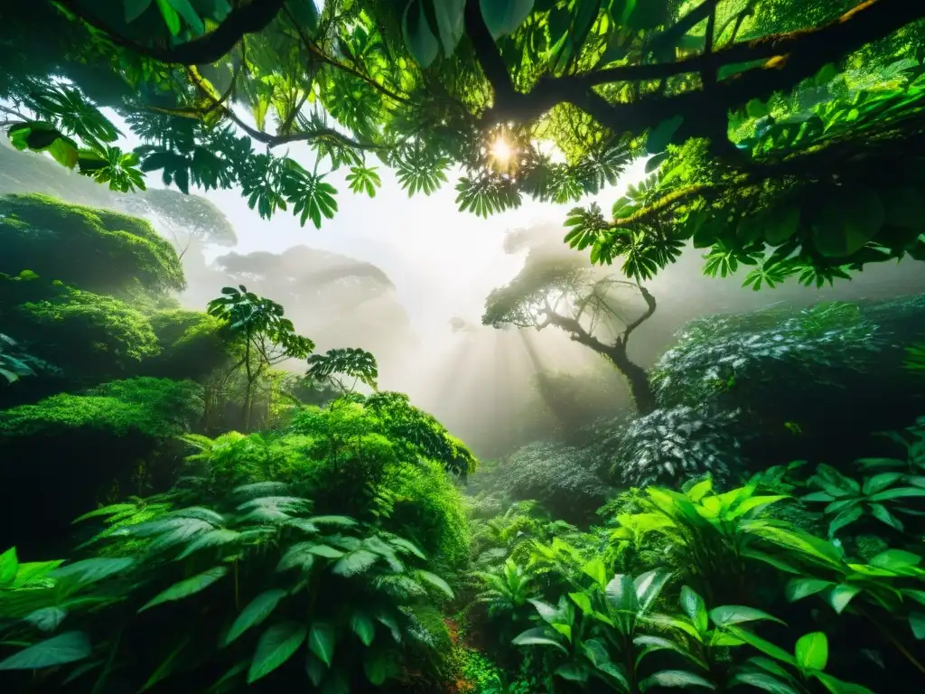 Escapada verde en tour ecológico: selva exuberante con luz filtrándose entre hojas, sombras en el suelo y diversidad de flora y fauna