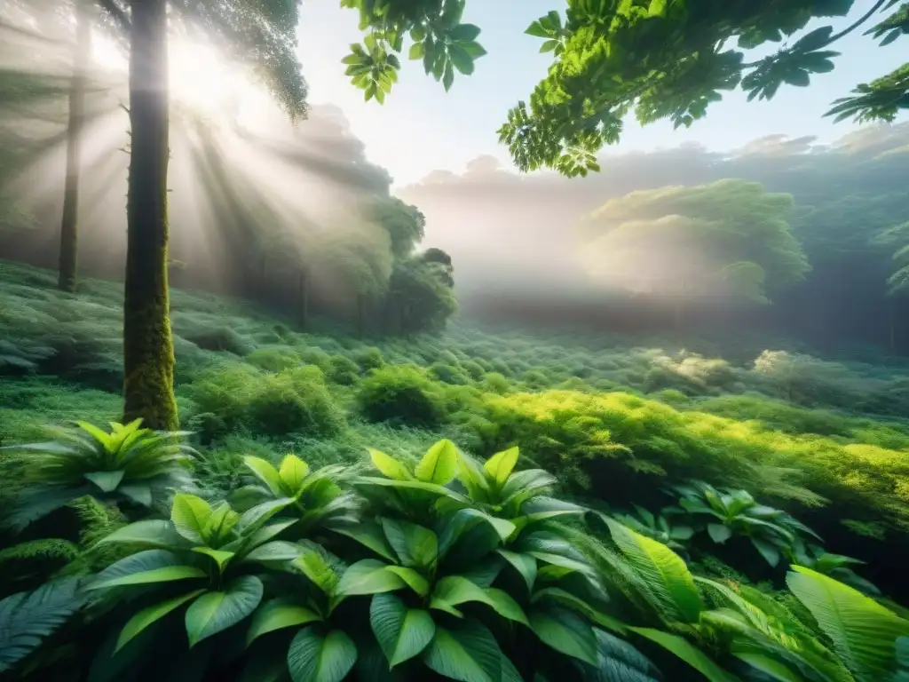 Escapadas ecológicas para revitalizar: un bosque verde exuberante con luz solar entre la vegetación vibrante, serenidad y belleza natural