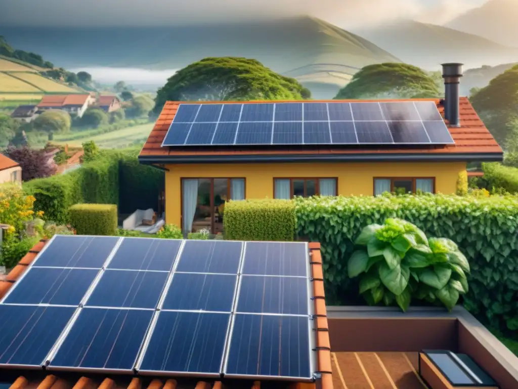 Una escena armoniosa de paneles solares en un techo suburbano, rodeados de vegetación, y una familia practicando actividades ecoamigables