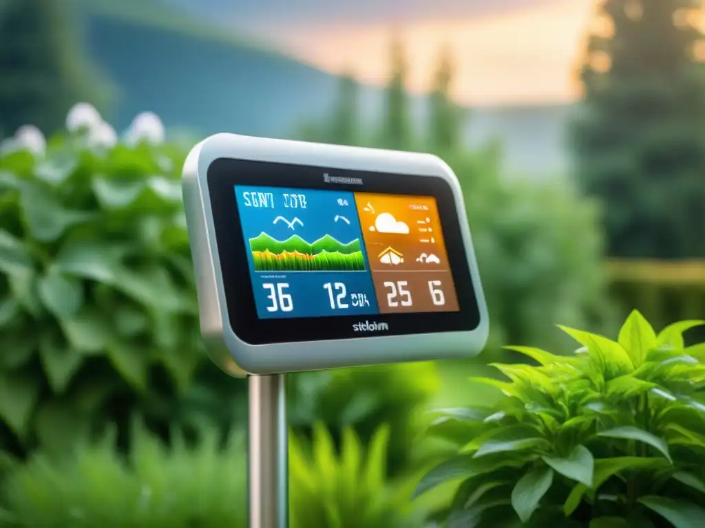 Una escena armoniosa entre tecnología y naturaleza: familia feliz interactuando con estación meteorológica en jardín verde