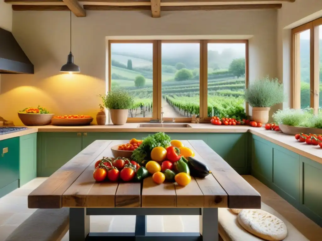 Escena detallada de una cocina francesa rústica en una posada rural, con una mesa de madera llena de productos frescos y una vista al jardín