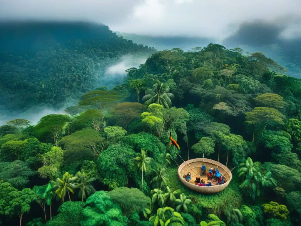 Escena detallada de la selva amazónica con comunidad indígena y aves coloridas