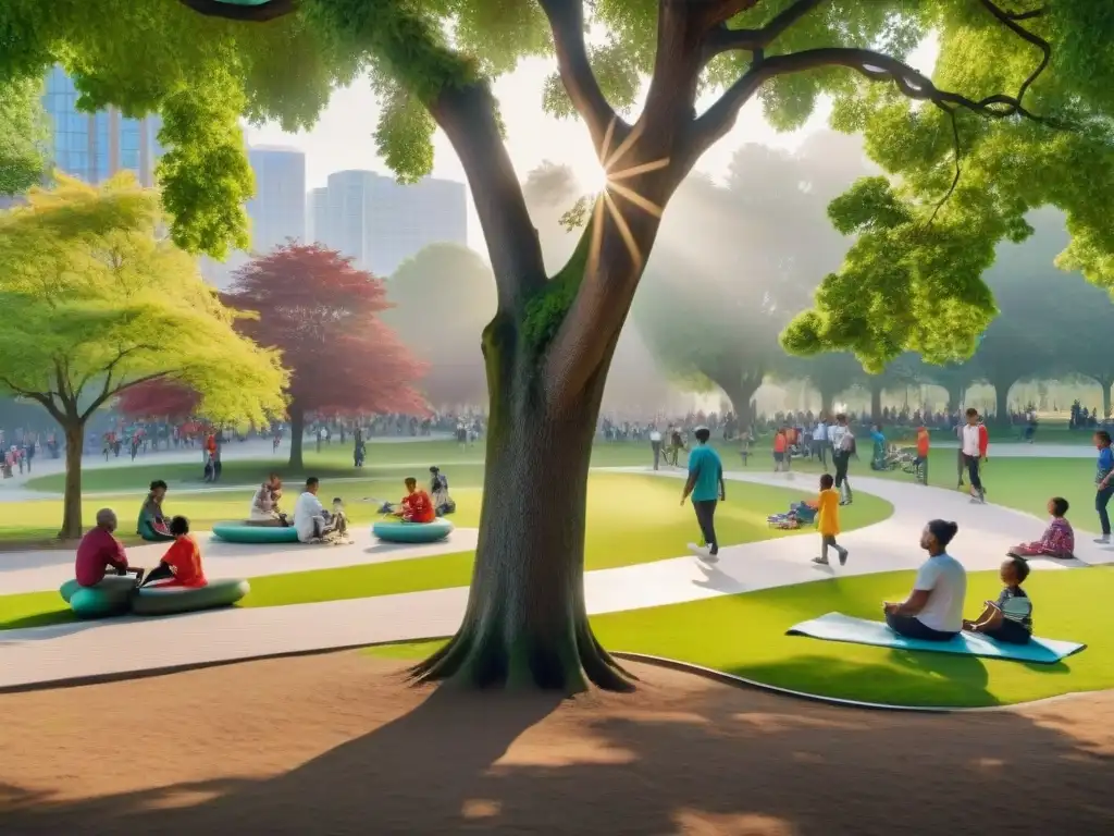 Una escena panorámica de un bullicioso parque urbano, donde personas disfrutan de diversas actividades al aire libre