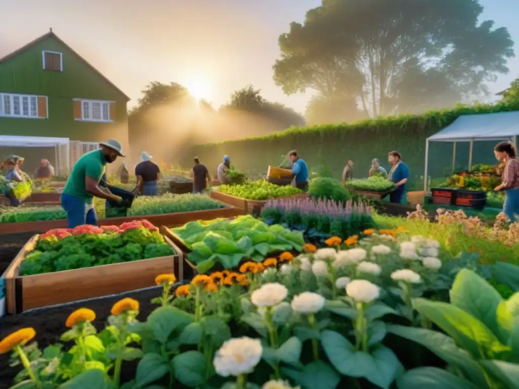 Una escena de trabajo comunitario en un jardín sostenible al atardecer