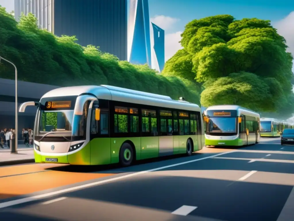 Escena urbana futurista: buses eléctricos, parques verdes, rascacielos con techos verdes y peatones en avenidas arboladas