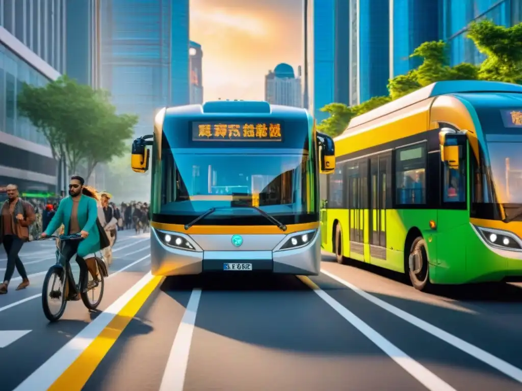 Escena urbana futurista con transporte público eléctrico en ciudades limpias