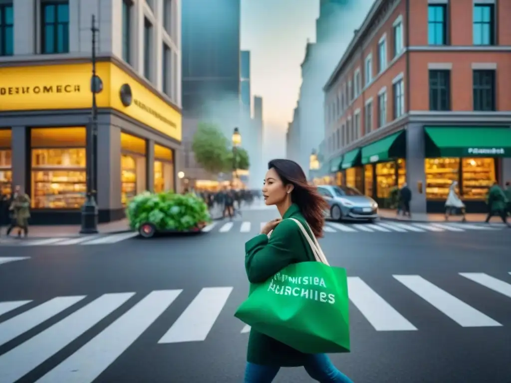 Escena urbana sostenible con peatones, coches eléctricos y negocios eco, promoviendo el marketing verde marcas sostenibles