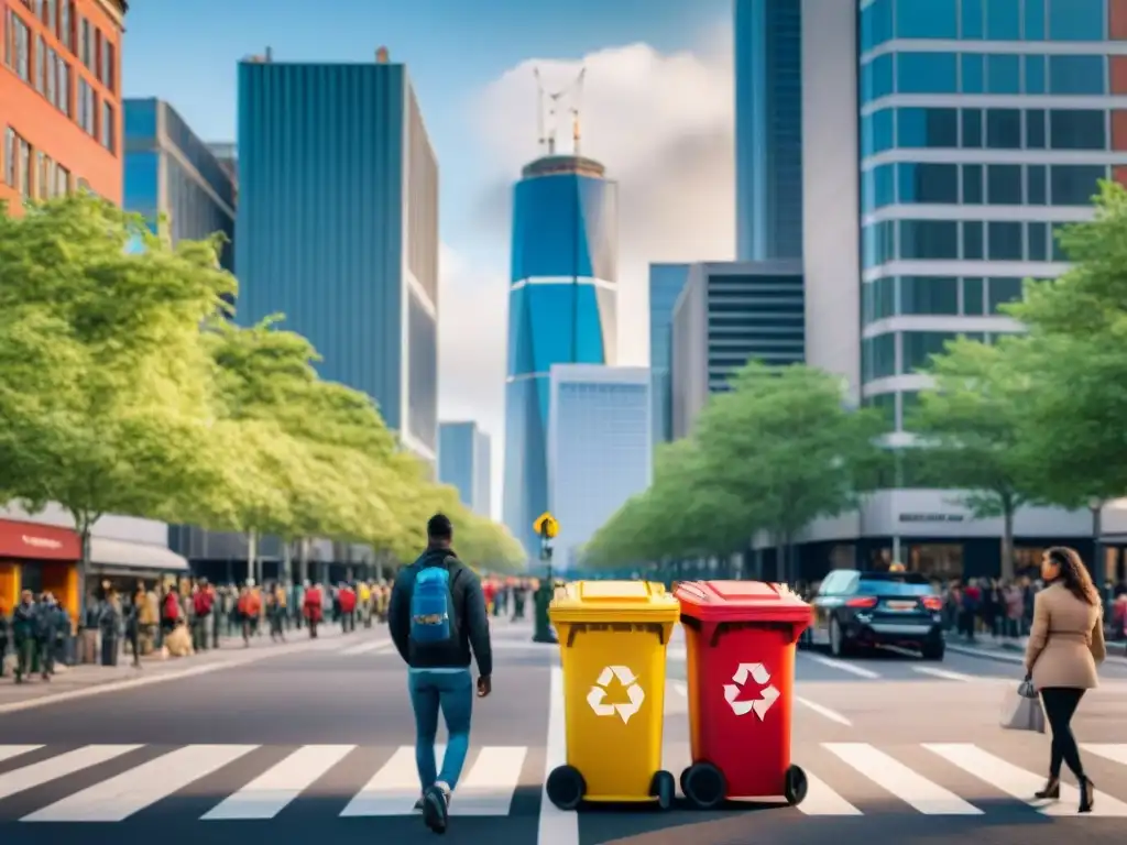 Escena urbana vibrante: reciclaje activo en esquina de ciudad con comunidad comprometida y prácticas innovadoras