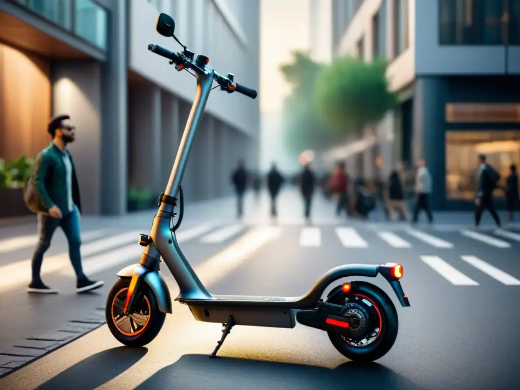 Una escena urbana vibrante con un scooter eléctrico moderno y elegante, rodeado de personas diversas disfrutando de la movilidad urbana