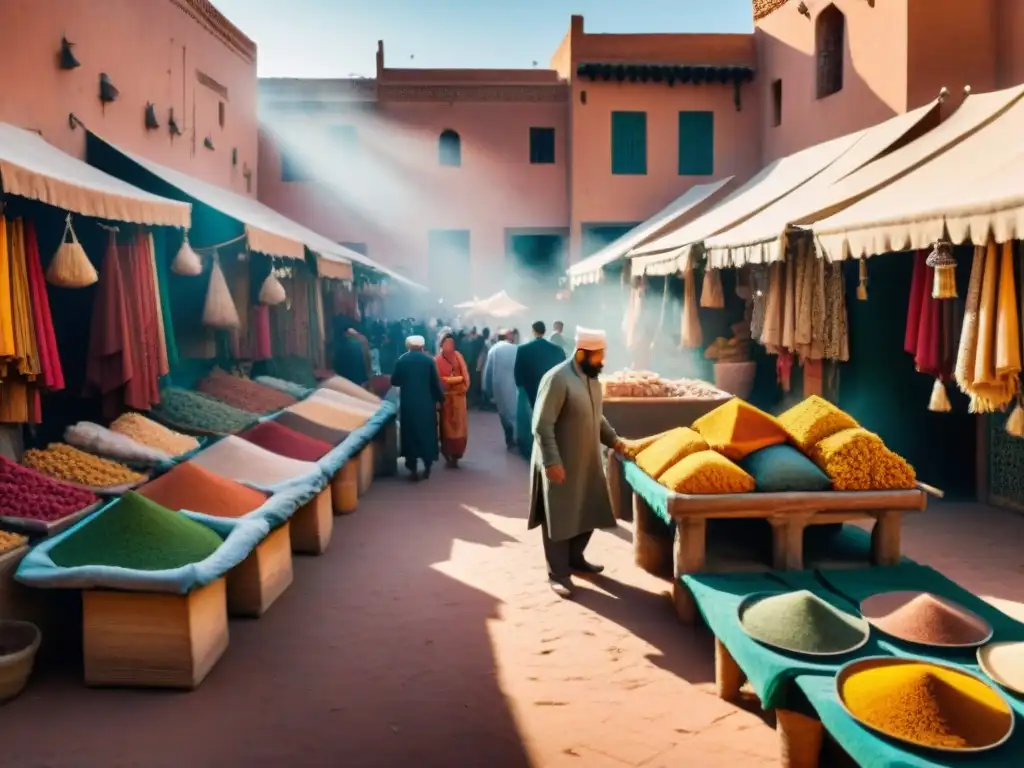 Escena vibrante en un mercado de Marrakech, Marruecos, con arquitectura de tierra sostenible global y puestos coloridos