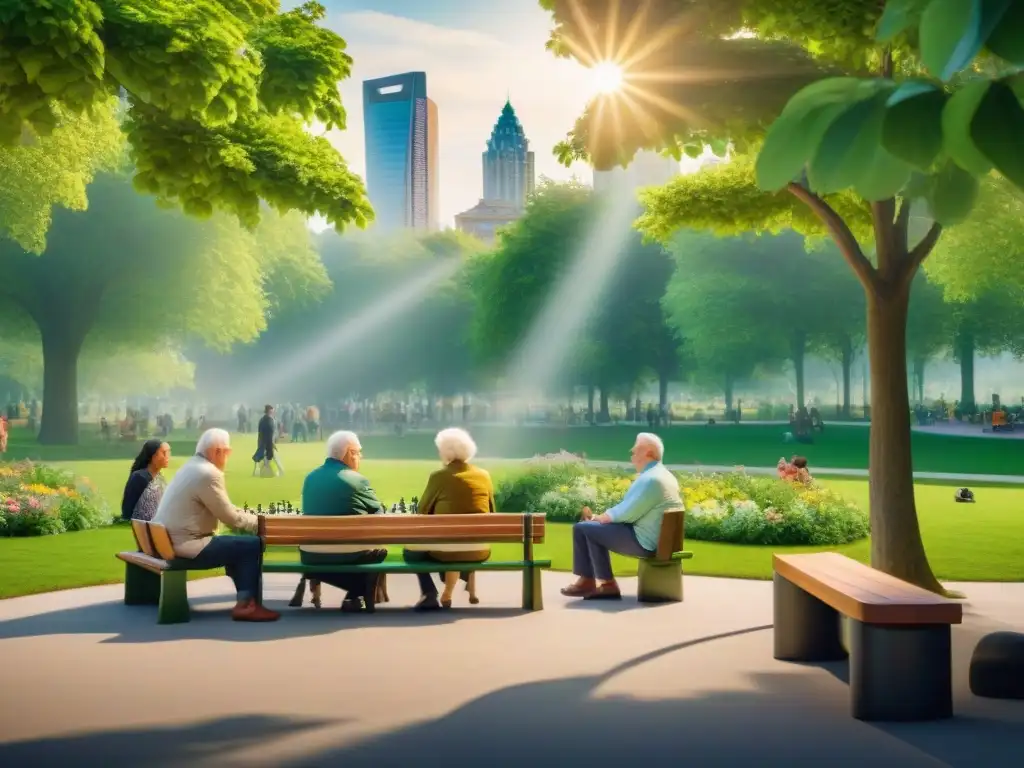 Escena vibrante en un parque público verde, con personas de todas las edades disfrutando de actividades variadas