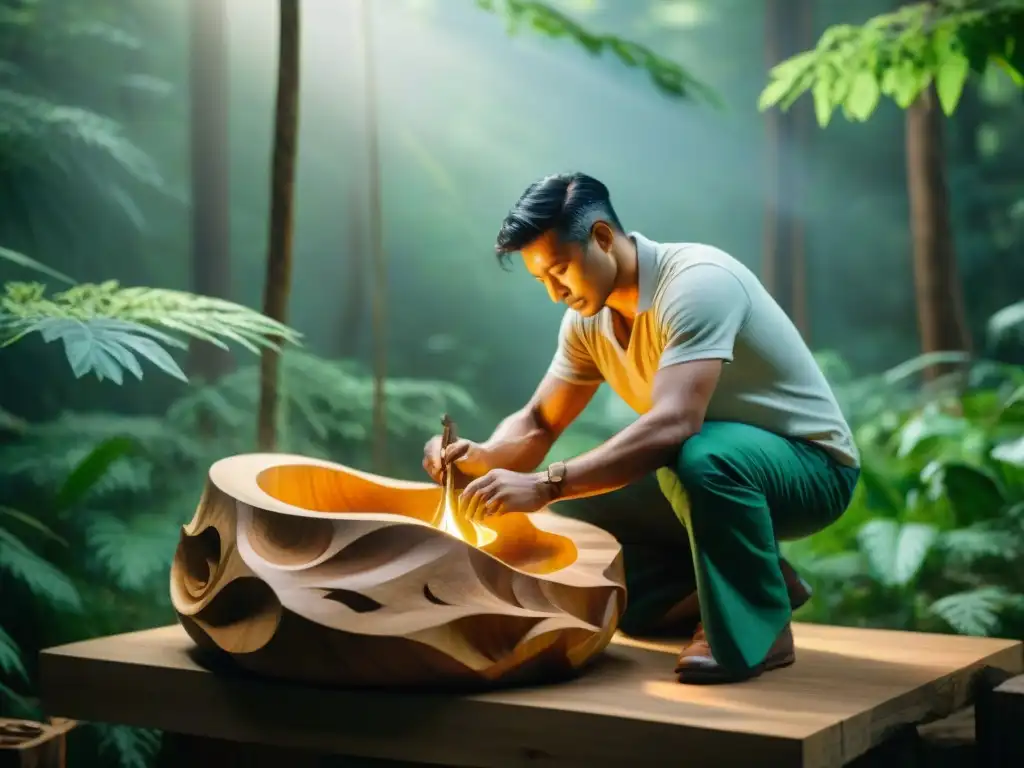 Escultor ecofriendly tallando obra maestra en madera sostenible Escultor tallando esculturas ecoamigables para decoración sostenible en un bosque exuberante
