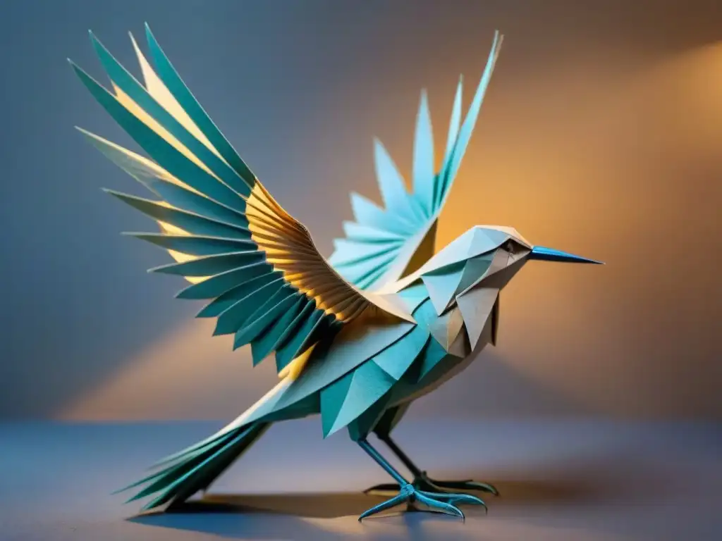 Escultura de origami de papel reciclado, representando un ave majestuosa en vuelo