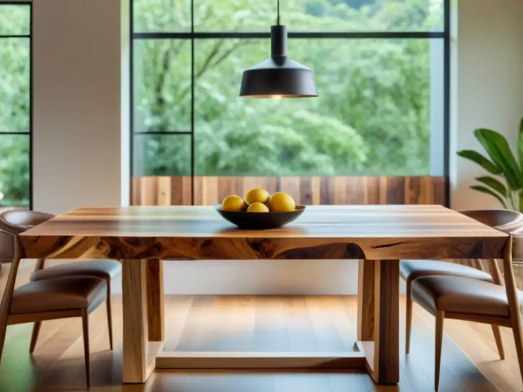 Esencia de elegancia y sostenibilidad en un comedor: mesa de madera recuperada rodeada de modernas sillas en un ambiente luminoso y acogedor