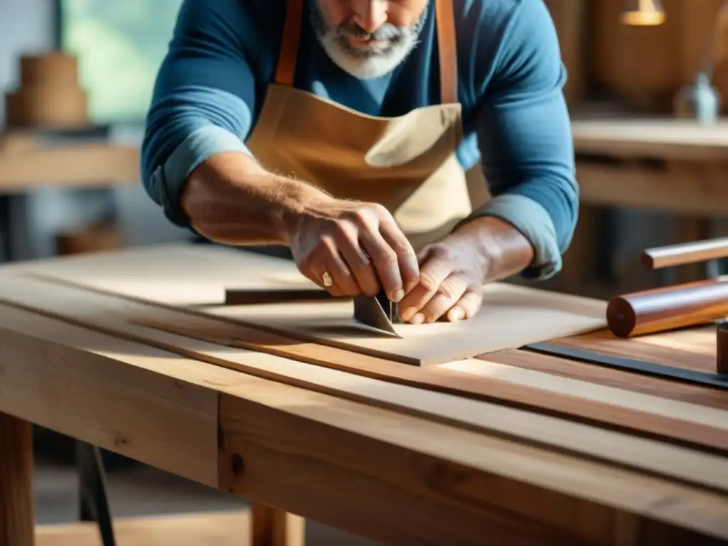 Un carpintero hábil crea con esmero una mesa de madera en un taller luminoso