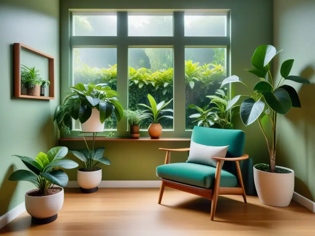 Un espacio interior sereno iluminado por luz natural, con plantas exuberantes y una acogedora área de lectura