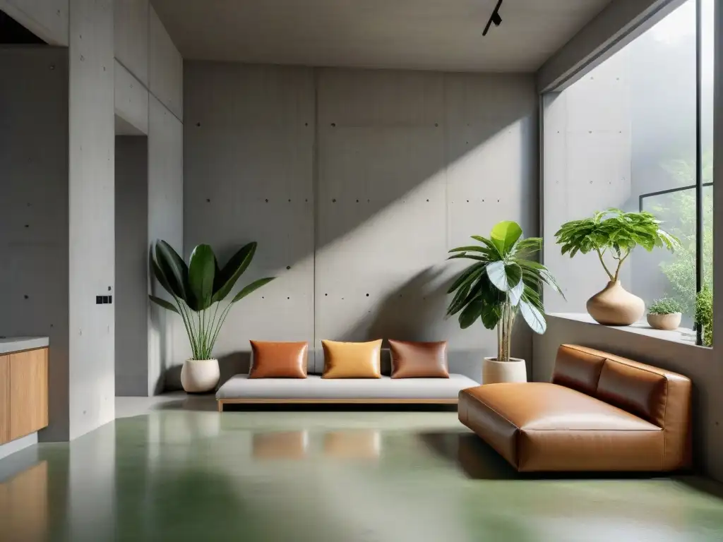 Un espacio interior sostenible con concreto ecológico, muebles modernos y plantas verdes