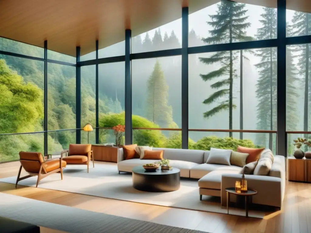 Espacio moderno con vista a bosque, muebles sostenibles y luz natural