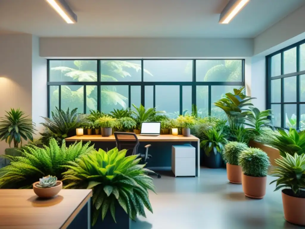Oficina moderna: plantas verdes, luz natural y productividad Un espacio de oficina moderno con diseño biofílico y beneficios verdes