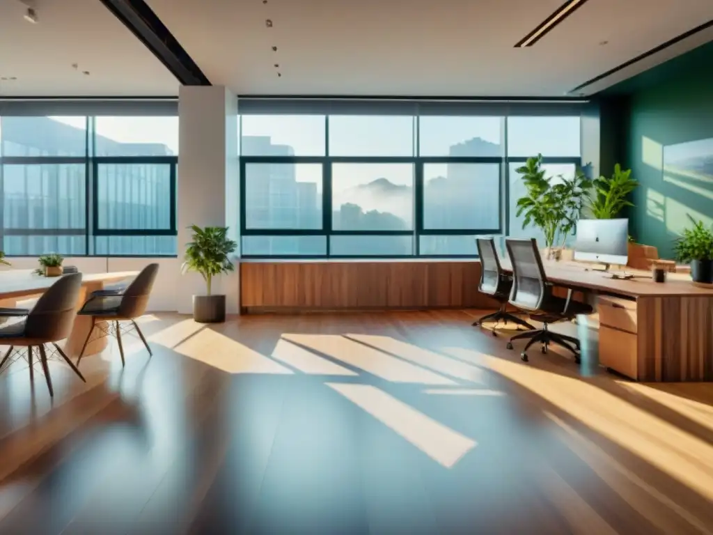 Oficina ecoamigable con suelo reciclado: diseño sostenible y minimalista Un espacio de oficina moderno con suelos ecológicos de diseño innovador