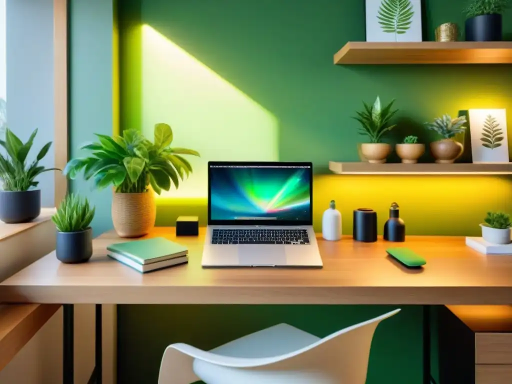 Un espacio de trabajo sostenible: un escritorio de madera iluminado por luz natural, laptop moderna, plantas, agua reusable y decoración ecofriendly