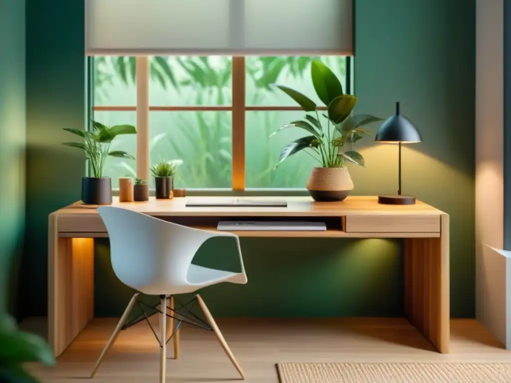 Un espacio de trabajo sostenible inundado de luz natural, con escritorio de madera, silla ergonómica y ventana con vista a un jardín verde