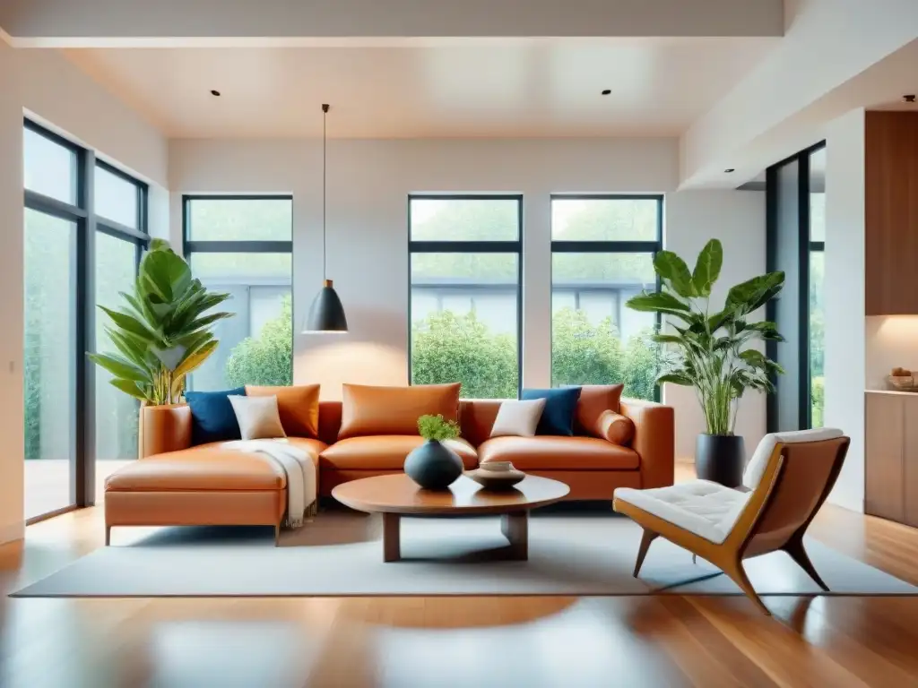 Diseño interior ecofriendly: minimalismo y sostenibilidad en armonía Espacioso salón ecológico con sistemas ecológicos calefacción refrigeración interiores
