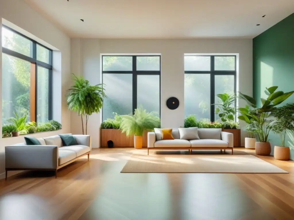 Espacioso salón moderno con luz natural, mobiliario minimalista, plantas y purificador de aire