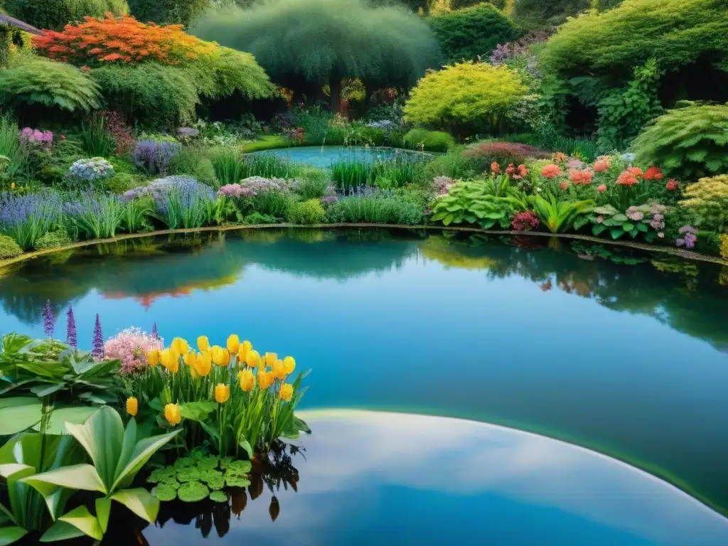 Estanque sostenible en jardín con biodiversidad, patos y libélulas, reflejando paz y armonía