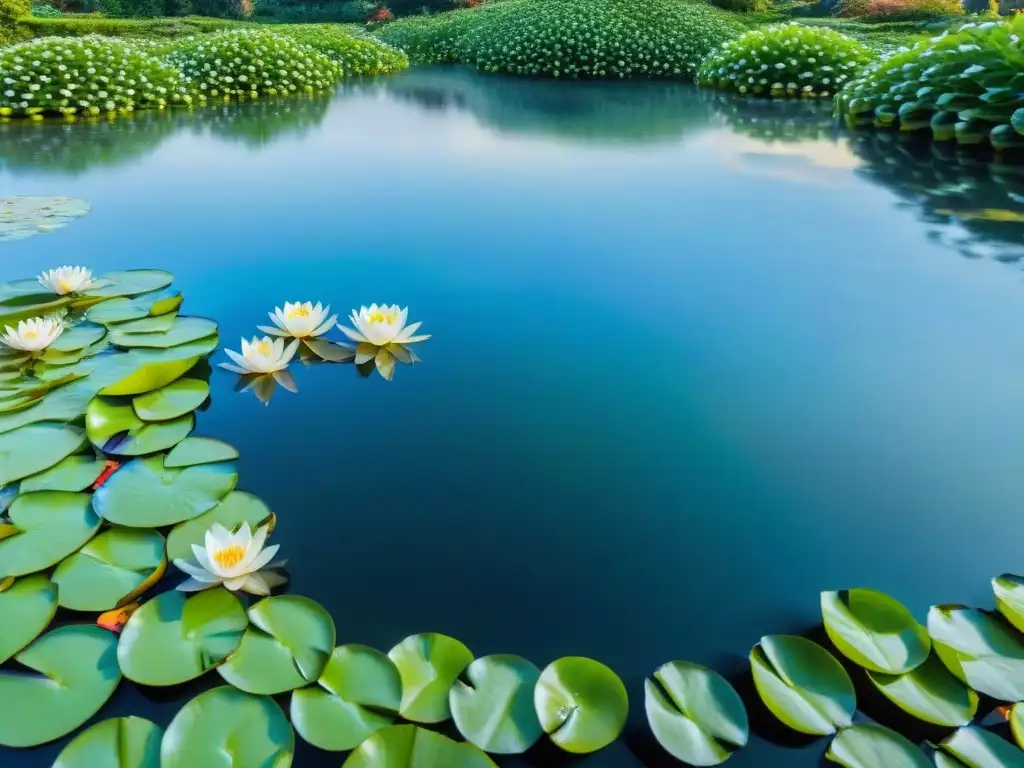 Un estanque sostenible para jardín, con nenúfares, plantas acuáticas verdes y peces koi coloridos nadando en agua cristalina