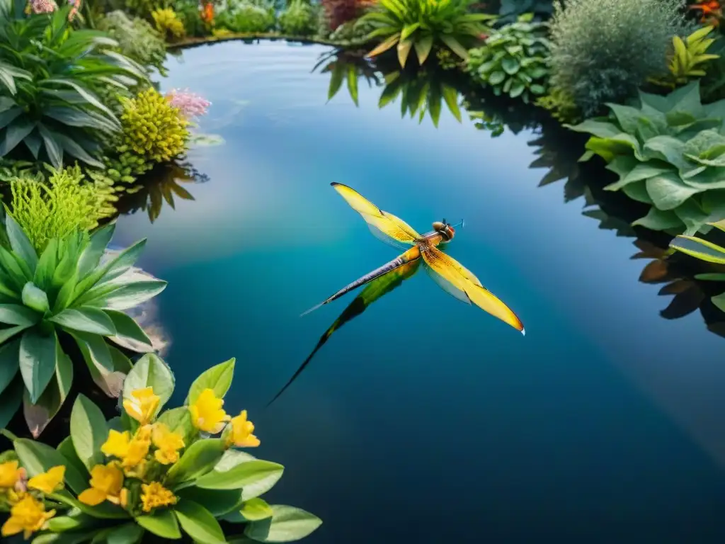 Un estanque sostenible rebosante de vida: plantas acuáticas, peces coloridos y libélulas sobre el agua