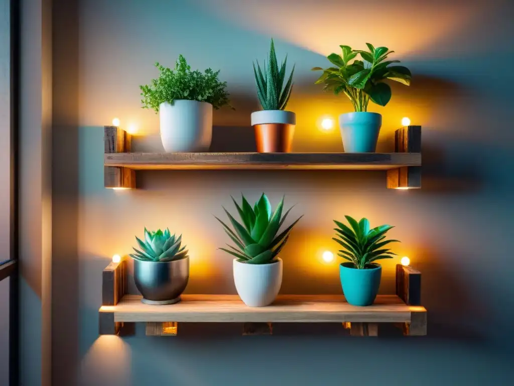 Un estante de pared intrincadamente diseñado con palets reciclados, plantas y libros vintage