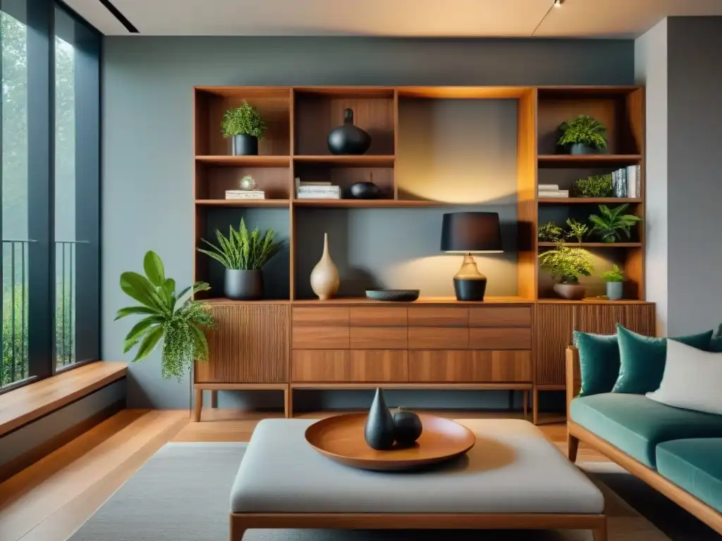 Estanterías sostenibles en diseño interior con plantas, libros y decoración, bañadas por cálida luz natural