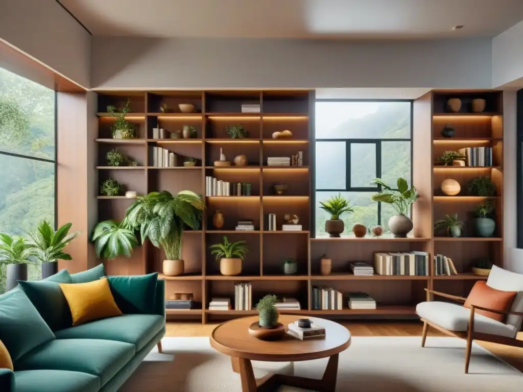 Estanterías sostenibles en un salón sereno con plantas, decoración eco y libros ordenados, bañado por luz natural