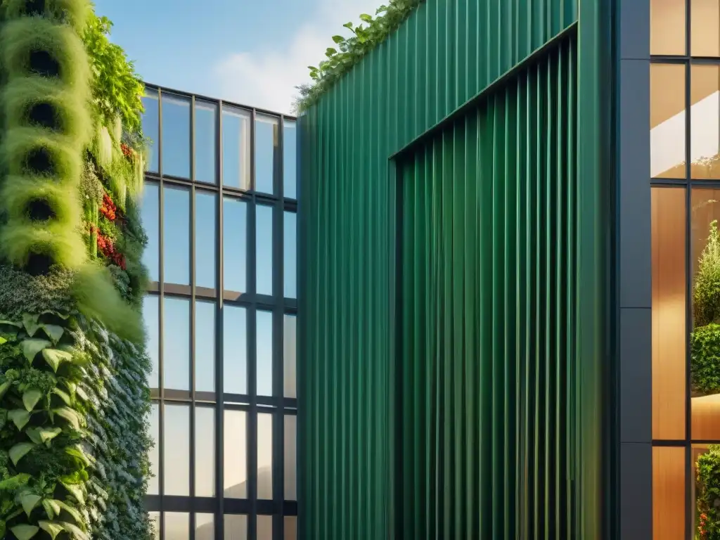 Una estructura arquitectónica moderna integrada con jardines verticales, fusionando naturaleza y diseño urbano