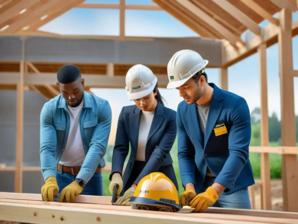 Construcción sostenible: estudiantes trabajando en equipo bajo el sol Estudiantes construyen juntos en un sitio sostenible bajo la guía de un instructor