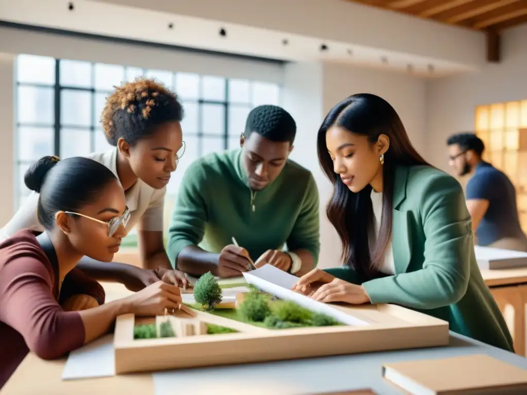 Un estudio lleno de vida de estudiantes de arquitectura trabajando juntos en modelos sostenibles, reflejando la educación arquitectónica sostenible