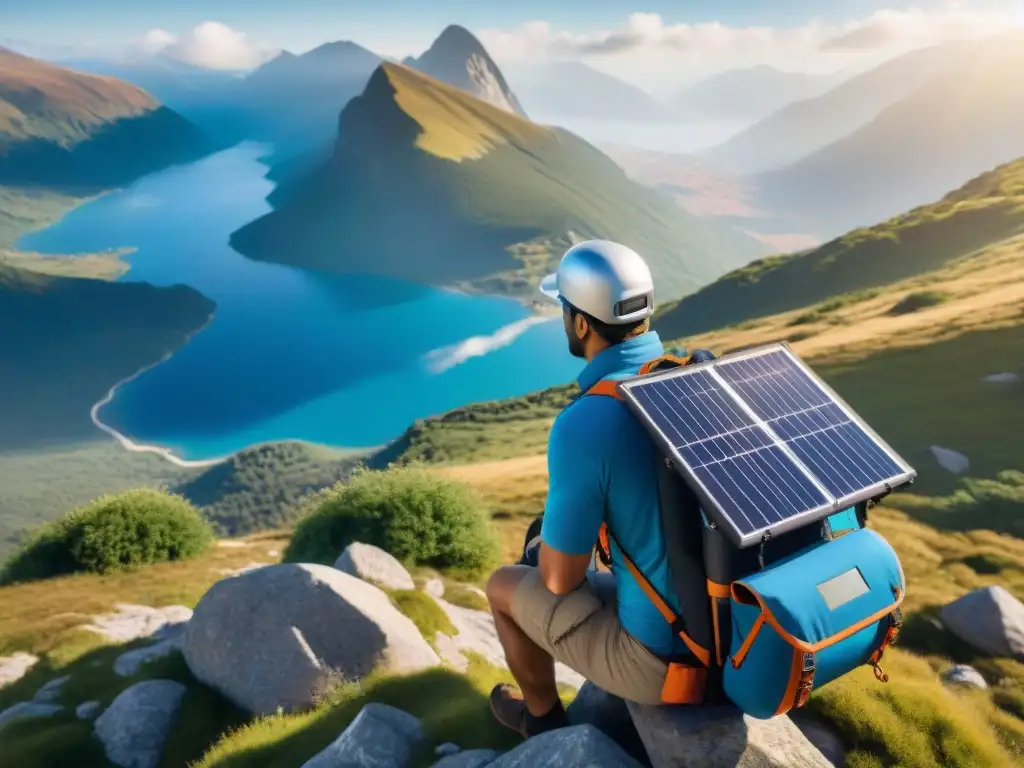 Un excursionista con paneles solares portátiles ecológicos en la mochila, disfrutando de la naturaleza