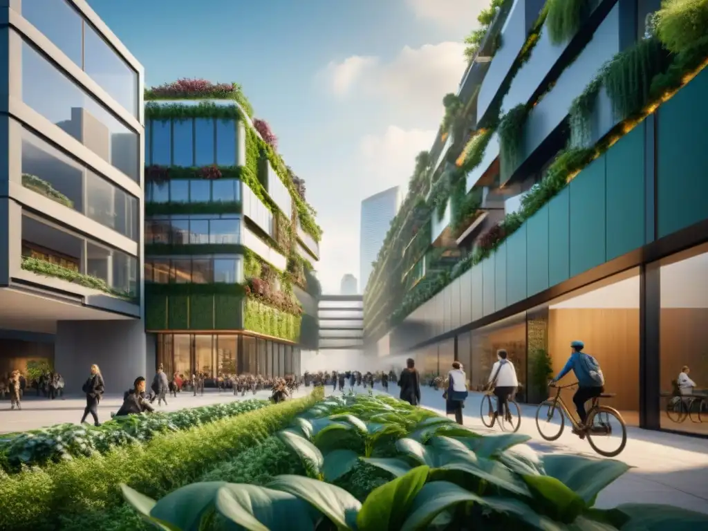 Éxito verde: arquitectura sostenible y diseño innovador en una bulliciosa ciudad, integrando naturaleza y modernidad